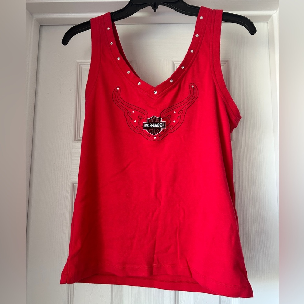 Harley Davidson Red Tank Top with Rhinestone Winged Design